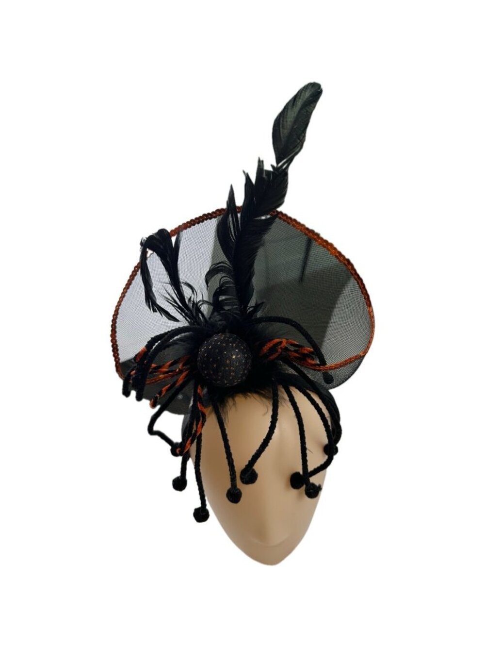 Halloween Spider Headband Black Orange Feathers Mesh Adult